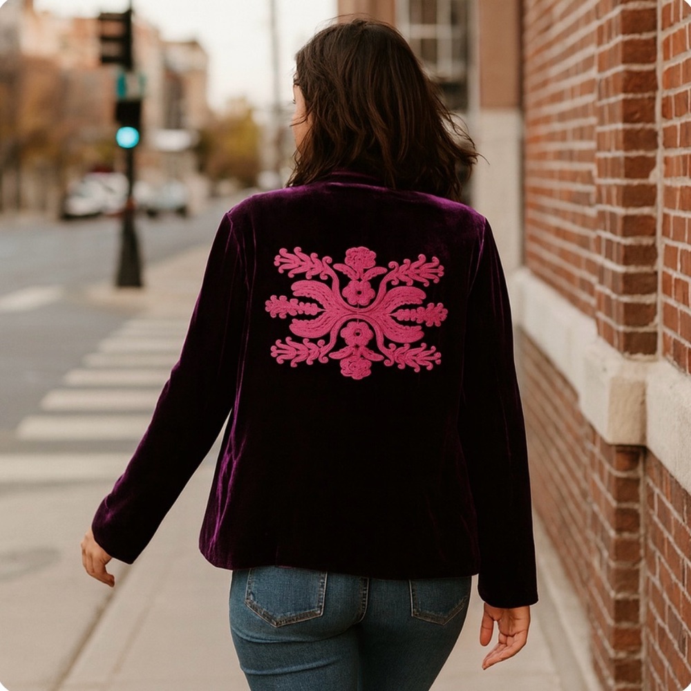 Green Dragon Velvet Blazer in Deep Purple with Pink Embroidery